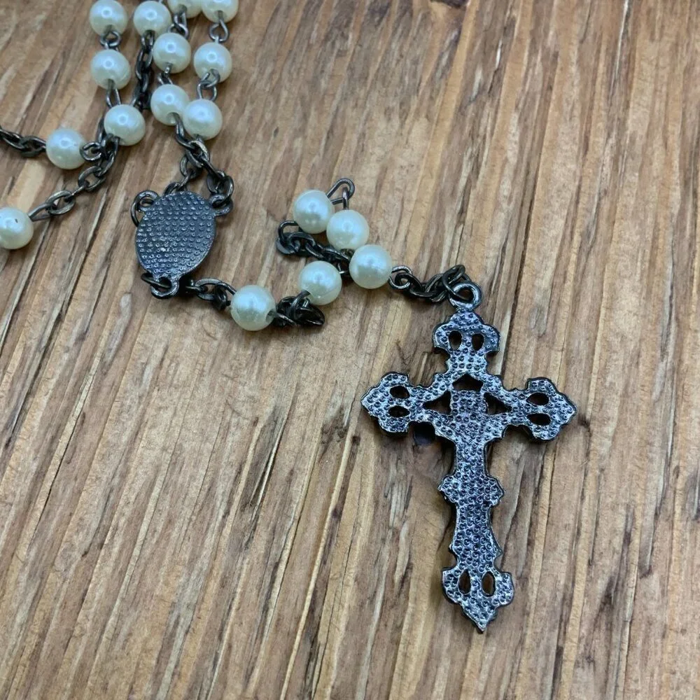Rosary Vintage Beaded White Faux Pearl Gun Metal Cross